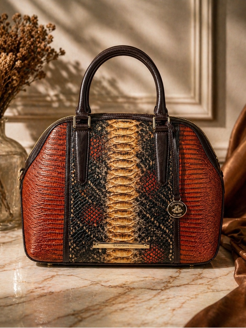 Brahmin Duxbury Satchel Brown Multi Melbourne Embossed Leather Top Handle Bag